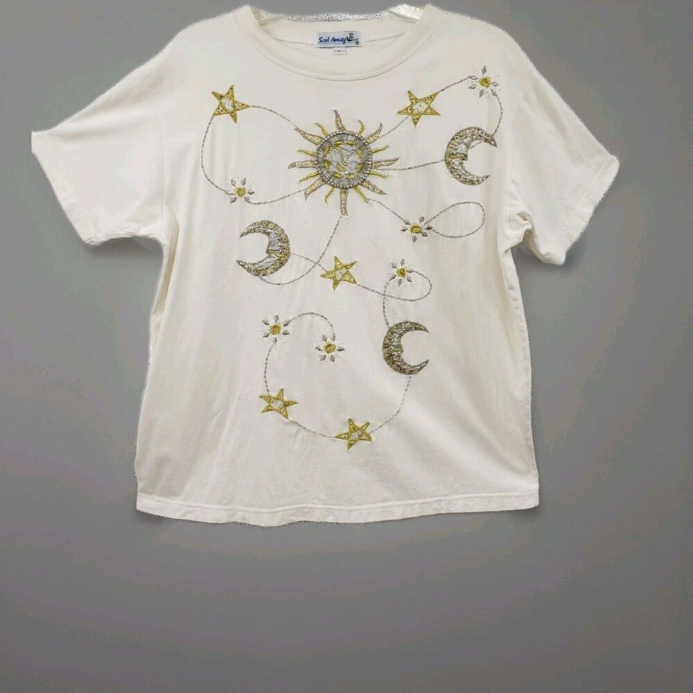 Vintage Celestial Sun Moon Stars T-Shirt Sz L Ivory Embroidered Beaded Whimsical